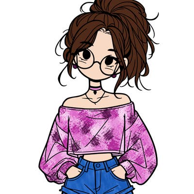 girl with a messy ponytail glasses a baggy crop top and jean shorts