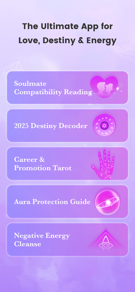 Salviaアプリの画面。恋愛と運命のためのタロットと占い師の機能が表示されている。