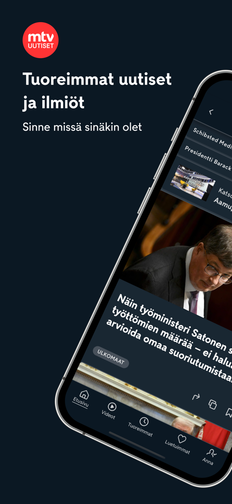 Teléfono inteligente mostrando la interfaz de la aplicación MTV Uutiset con artículos de noticias finlandesas y un tema de modo oscuro