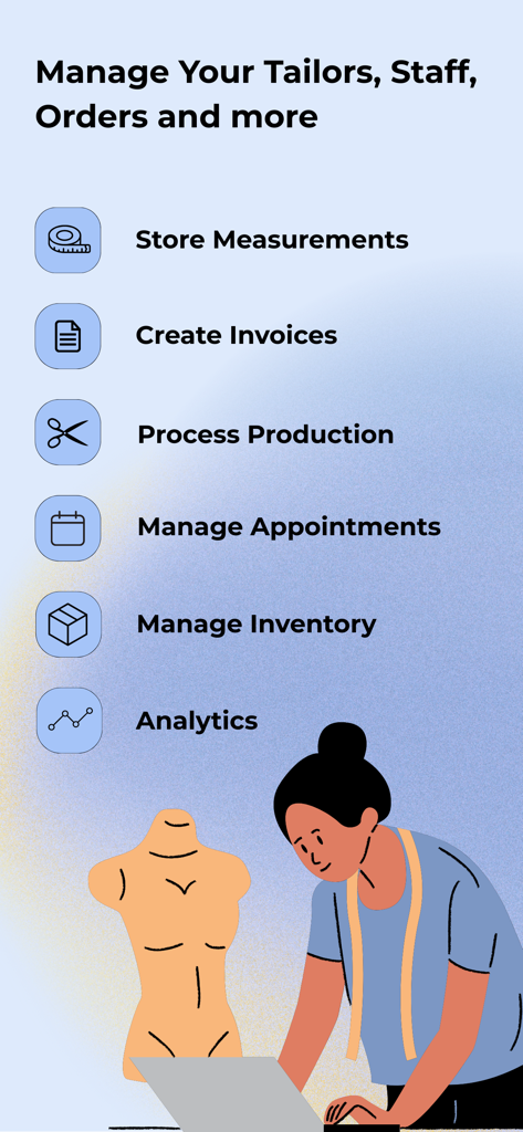 Seam: Tailor App - Graphic showing Seam Tailor App features like measurements, invoices, production, inventory, and analytics