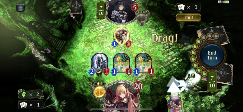 A strategic card battle in Shadowverse CCG featuring anime style characters on a forest themed board.