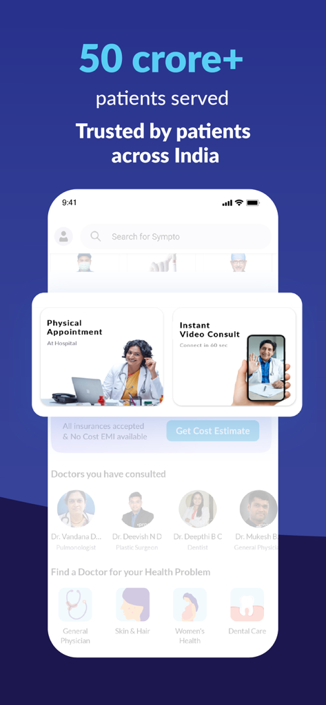 Practo - Consult Doctor Online - Practo app home screen displaying options for instant video consult and physical doctor appointments