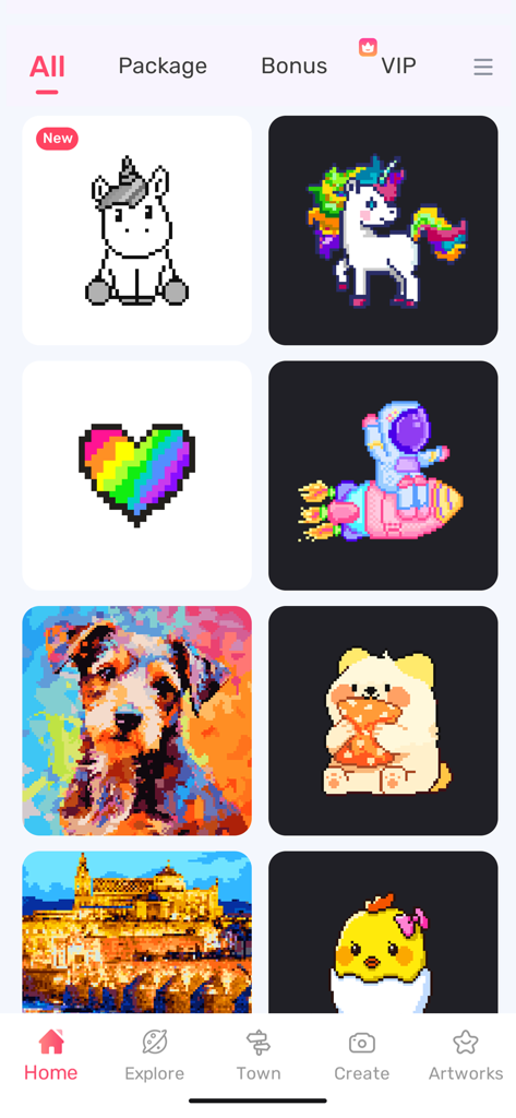 No.Pix - Color by Number - A collection of pixel art templates in the No.Pix app including animals, hearts, and landscapes.