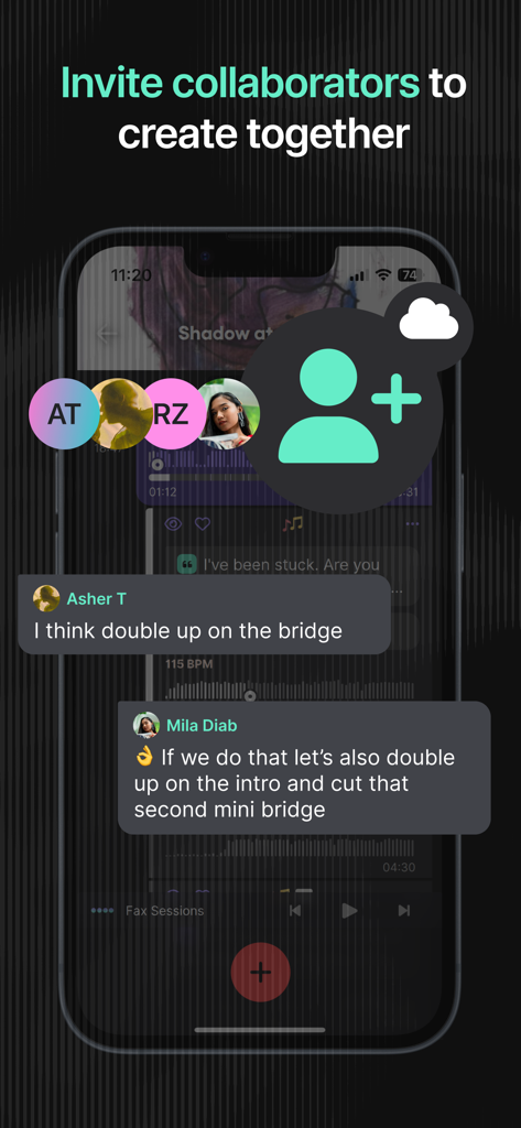 Dubnote: Where Songs Start - Schermata dell'app Dubnote che mostra la funzione di collaborazione per i musicisti per condividere idee musicali e chattare.