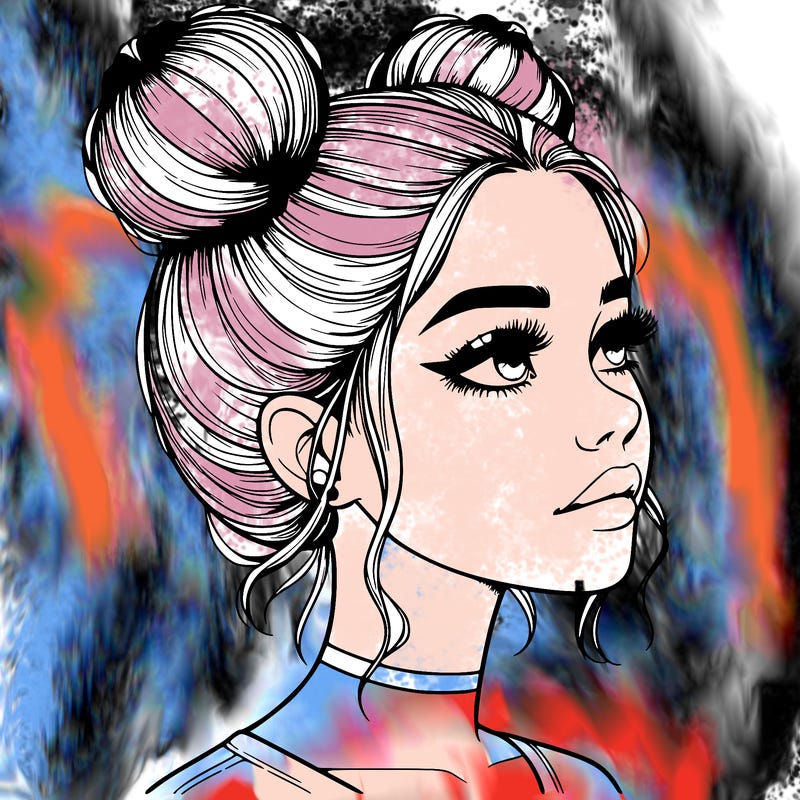 realistic girl with buns on the top of her head
