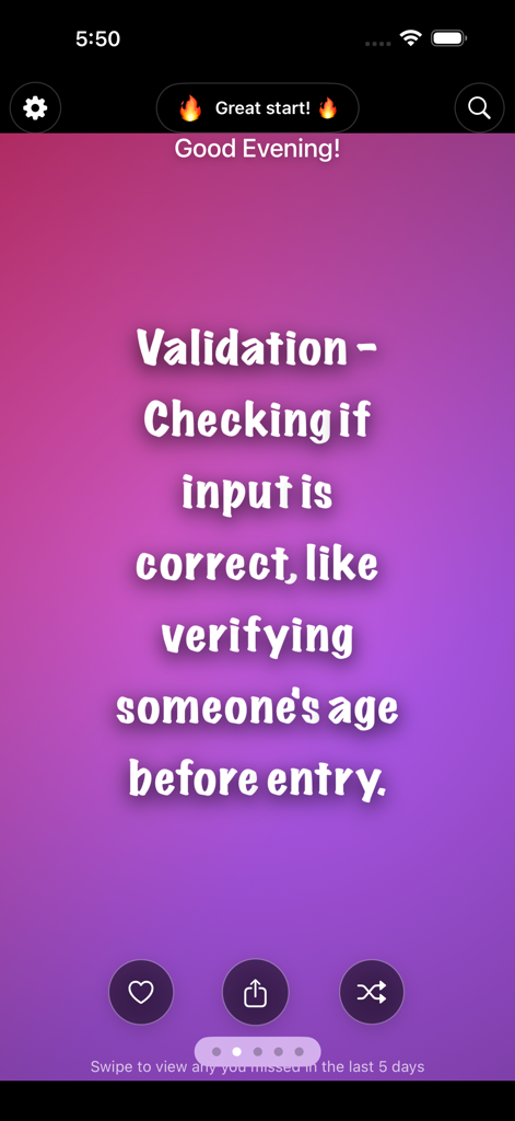 Interfaz de la aplicación Glosario de Jerga Tecnológica que muestra la definición de 'Validation' sobre un fondo degradado colorido.