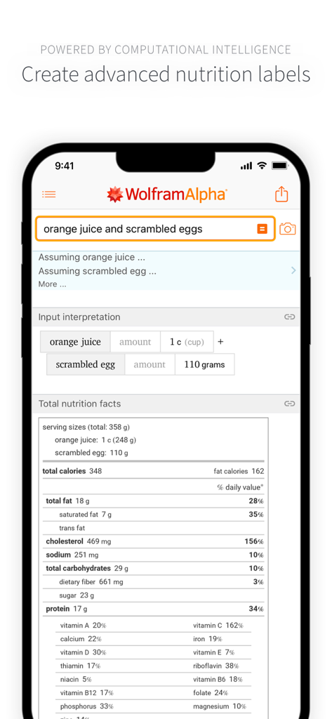 WolframAlpha app screen showing a detailed nutrition facts label for a meal of orange juice and scrambled eggs