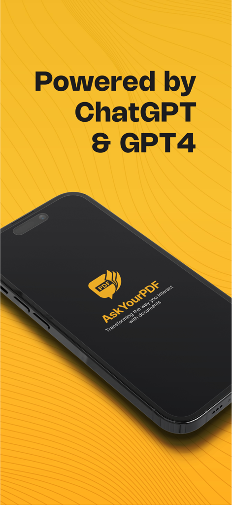 AskYourPDF mobile app screen showing it is powered by ChatGPT and GPT4 on a yellow background.