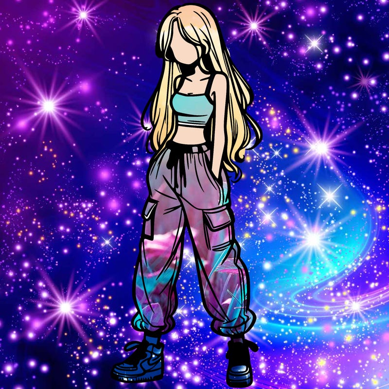 girl in baggy pants crop top and long hair