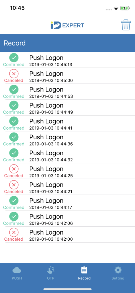 IDExpert app record screen displaying a history of confirmed and canceled push logon attempts with timestamps