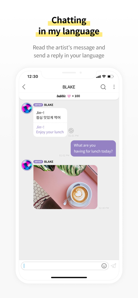 Interface of bubble for BPM app showing real time translation in a chat with a K-pop artist
