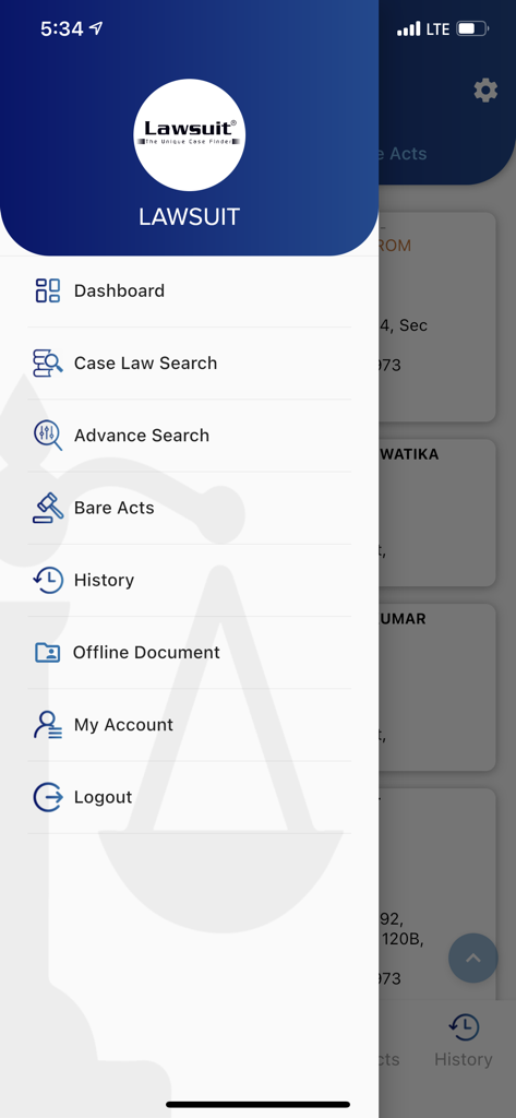 Lawsuit The Unique Case Finder - Side navigation menu of the Lawsuit app featuring options for Case Law Search Advance Search and Bare Acts for Indian legal research