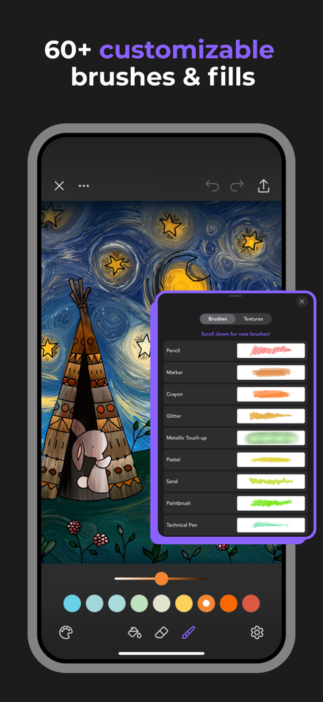Interface of Pigment coloring app showing a variety of customizable digital art brushes and tools.