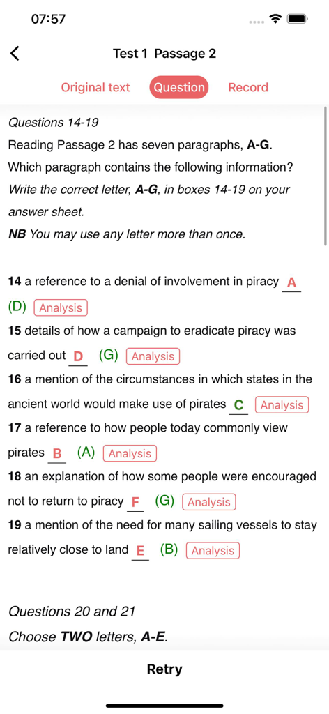 IELTS Practice | Test - Sección de práctica de lectura IELTS que muestra preguntas de emparejamiento de párrafos y correcciones de respuestas.