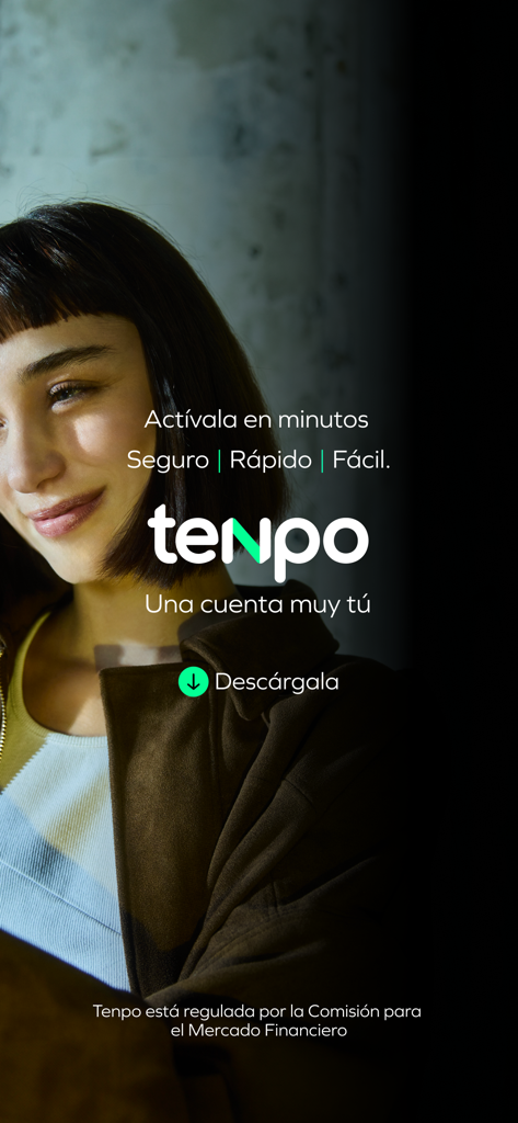 Tenpo - Una cuenta muy tú - Schermata promozionale per l'app mobile Tenpo con una giovane donna e messaggi del brand.
