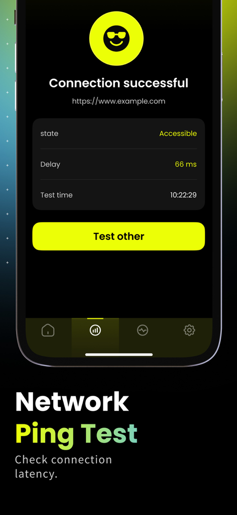 VPN - Fast VPN Lite master - A mobile app interface showing a successful network ping test with connection latency and accessibility status.