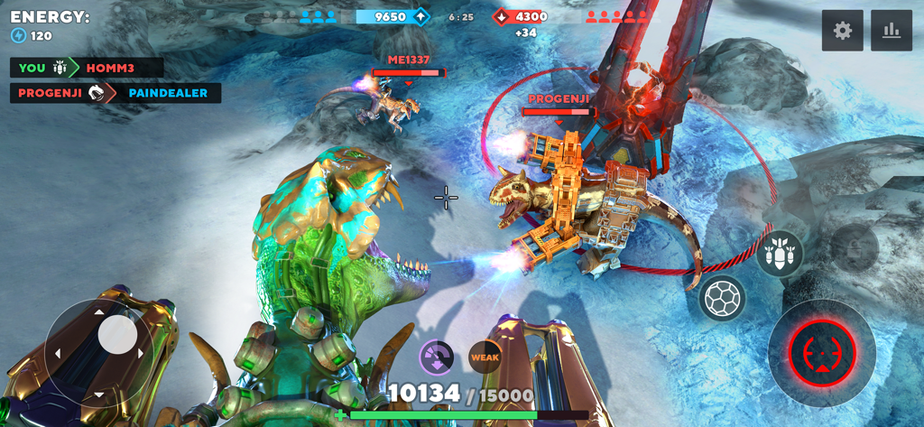 Dino Squad: Online Action - Dinosaurios blindados con armas montadas luchando en una arena nevada