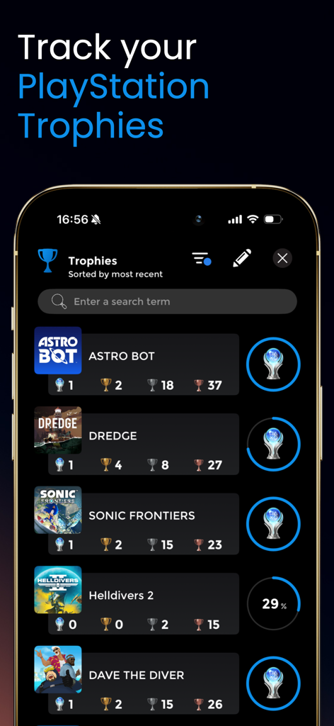 Area X app interface showing a list of tracked PlayStation trophies for games like Astro Bot and Helldivers 2