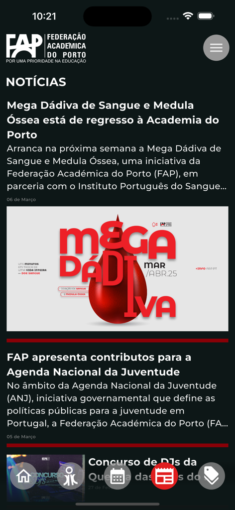 The news section of the FAP Porto mobile app showing academic news and a blood donation campaign advertisement.