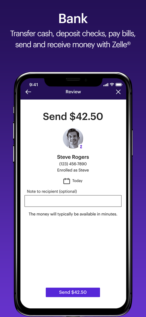 Interface bancária do aplicativo móvel Etrade para enviar dinheiro via Zelle