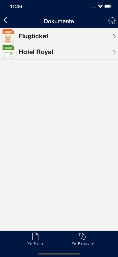 My Kuoniモバイルアプリのスクリーンショット。Hotel Royalのフライトチケットやホテルのバウチャーなど、デジタル旅行書類のリストが表示されています。