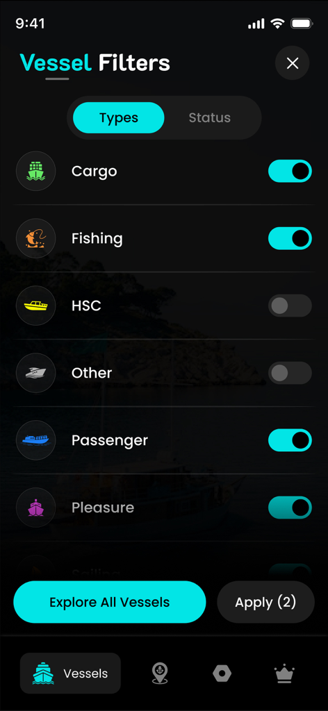 Ship Finder: GPS Ship Tracking - Interfaz que muestra filtros de embarcaciones para diferentes tipos de barcos en la aplicación Buscador de Barcos