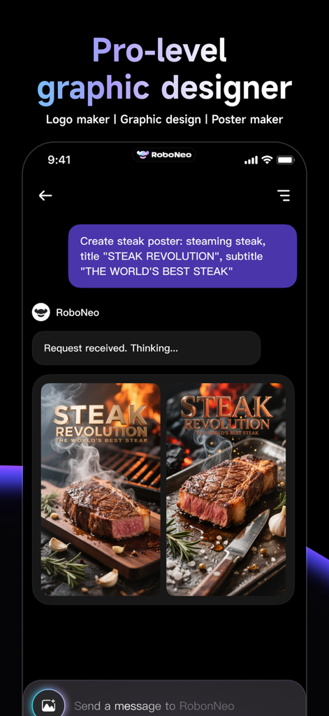 Tela de smartphone mostrando a interface de chat de IA do RoboNeo gerando pôsteres profissionais de comida a partir de um prompt de texto.
