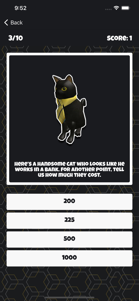 A trivia question about a black cat wearing a tie in the Robux Wallpapers for Roblox app.