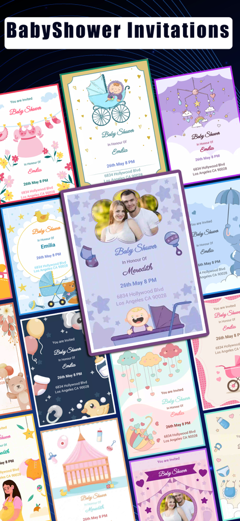 Invitation Maker: Card Design - Une variété de modèles colorés de cartes d'invitation pour baby shower avec des articles de bébé, des personnages et des photos personnalisées.