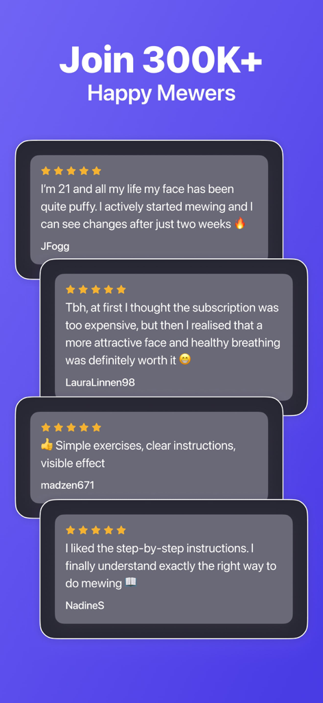 A collection of five star user reviews for the Mewing app highlighting facial exercise results and ease of use