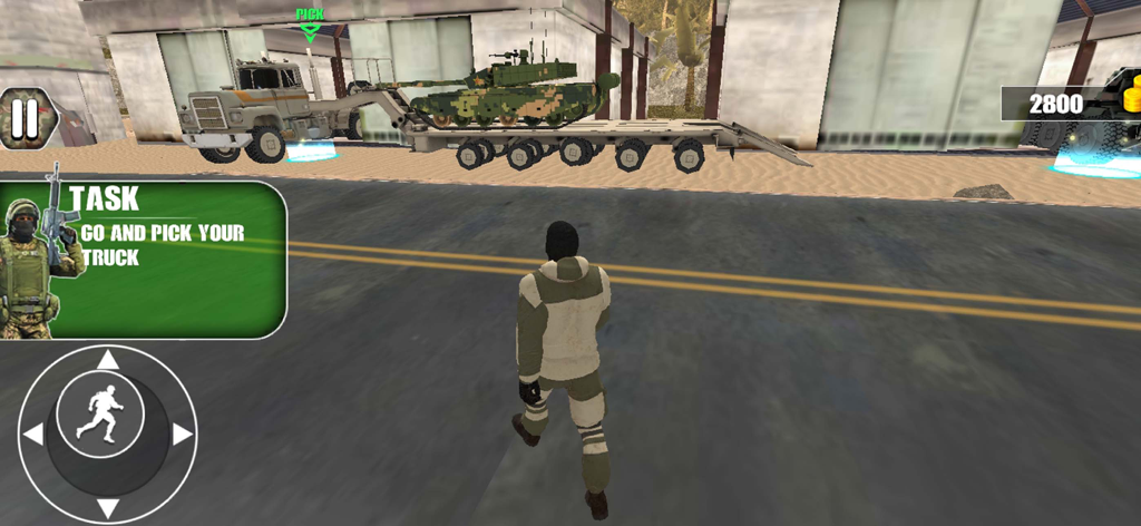 Army Truck Driver Cargo Game - Military soldier walking towards an army truck carrying a tank in a driving simulation game.