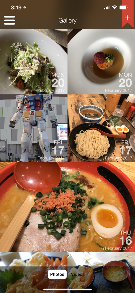 Eine Fotogalerie-Ansicht in der Capture 365 Journal-App, die ein Raster von Erinnerungen mit Daten zeigt