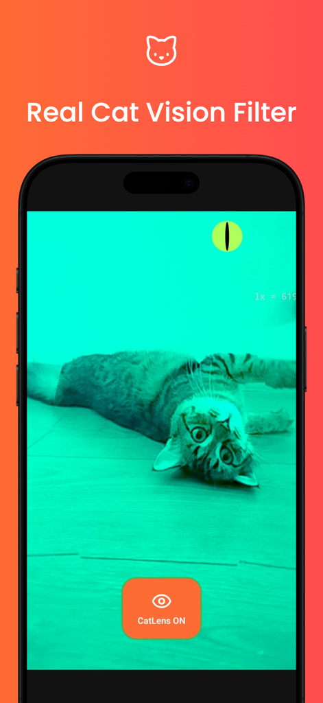 Smartphone screen showing a cat through a cyan-tinted real-time cat vision filter in the CatLens app.