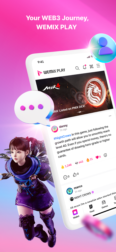 WEMIX PLAY app interface showing the Web3 gaming community feed and social interaction features