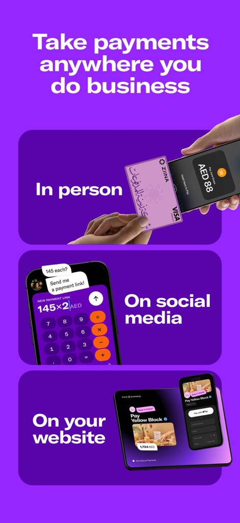 Ziina: Send. Spend. Get Paid. - Panoramica dei metodi di pagamento aziendali di Ziina, inclusi pagamenti contactless di persona, link ai social media e integrazione con il sito web