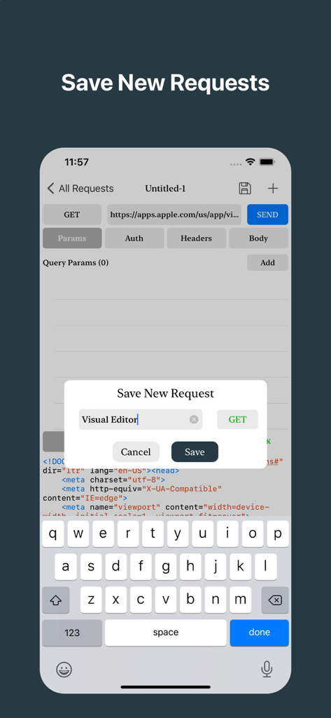 名前とGETメソッドで新しいREST APIリクエストを保存するためのモバイルアプリインターフェース