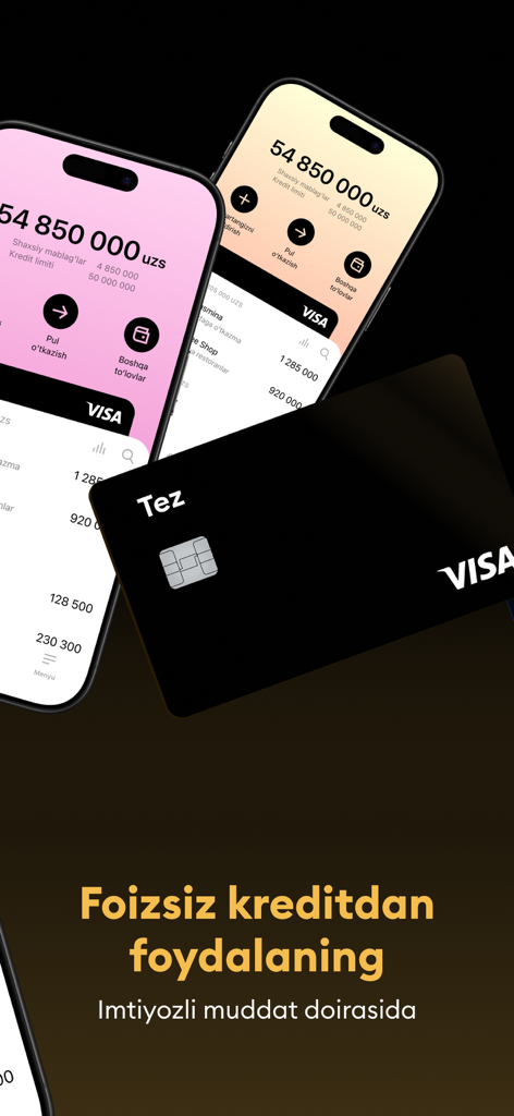 Tez mobile banking application interface and black visa card