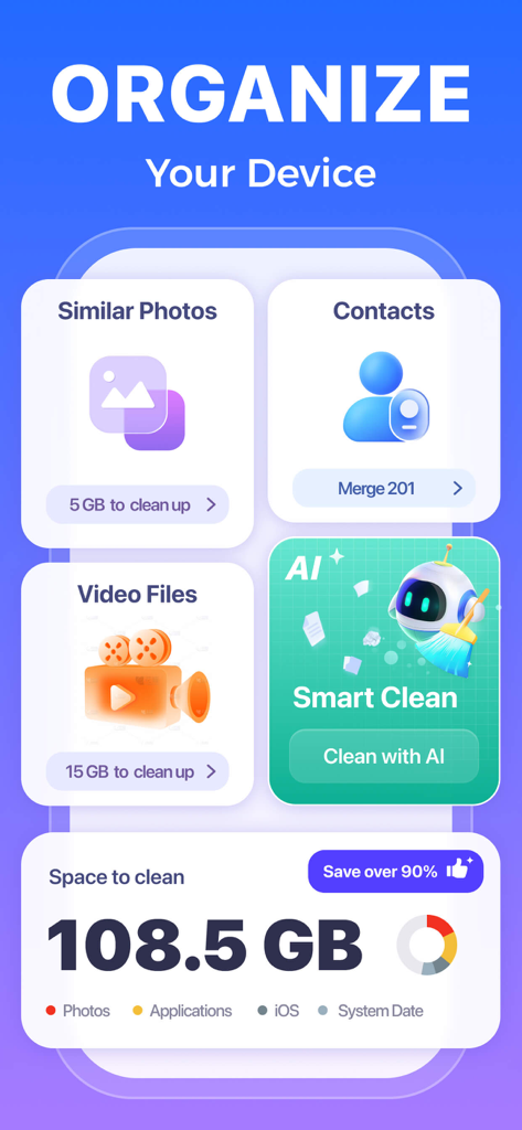 AI Clean 앱 대시보드에서 유사 사진, 비디오 파일, 연락처에 대한 저장 공간 정리 옵션과 100GB 이상의 정리 가능한 공간을 보여주는 AI 스마트 정리 기능을 표시합니다.