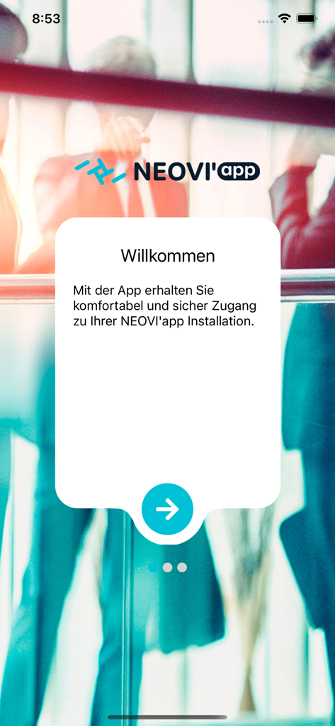 NEOVI'app - Tela de boas-vindas do aplicativo móvel NEOVI'app para contabilidade empresarial e gerenciamento de documentos