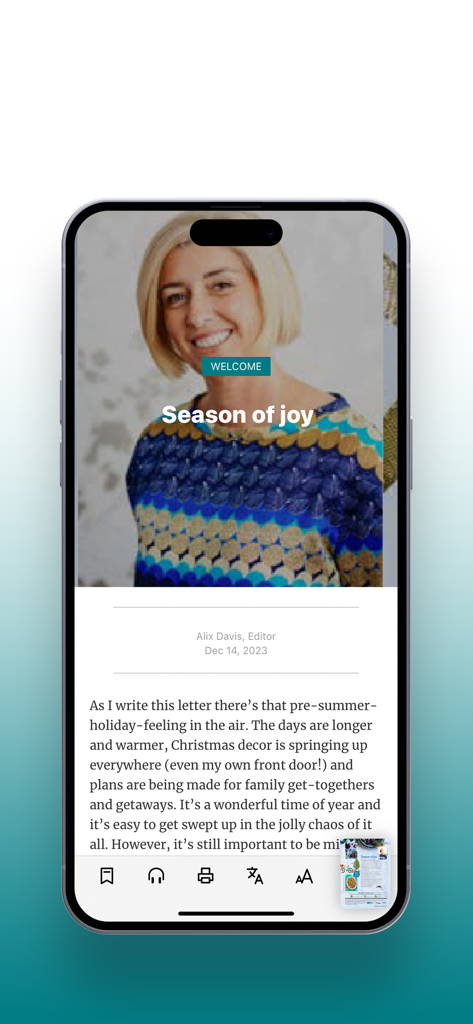 Smartphone display of Diabetic Living Magazine app showing an article titled Season of Joy by Alix Davis