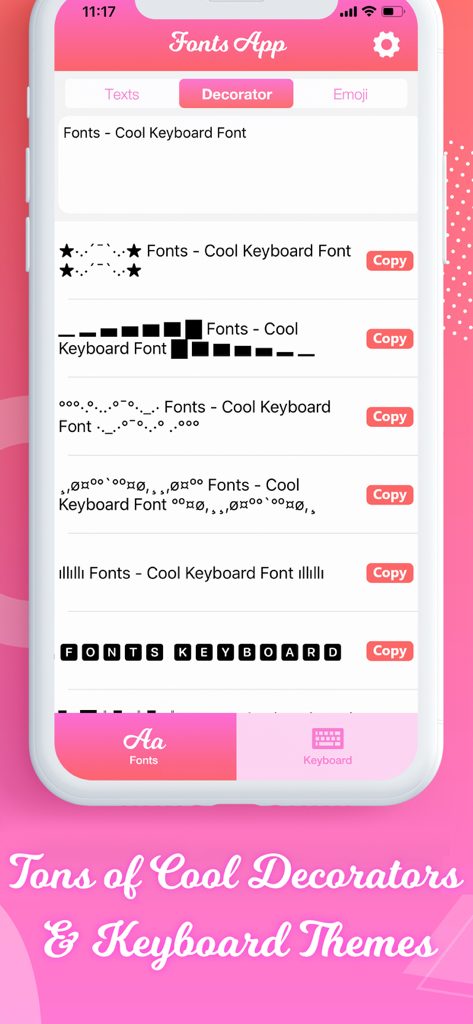 A mobile app interface displaying a variety of aesthetic text decorators and stylized fonts for social media.
