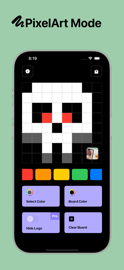 Projector AR Drawing - Creator - Interfaz del Modo Pixel Art en la aplicación Projector AR Drawing que muestra un diseño de calavera pixelada en una cuadrícula