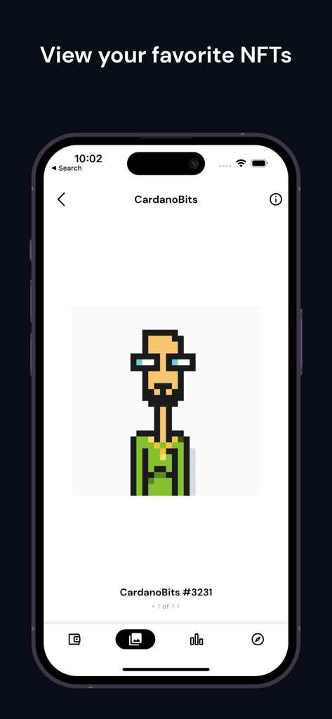 VESPR: Cardano Wallet - VESPR Cardano Wallet interface showing a pixelated character NFT from the CardanoBits collection.