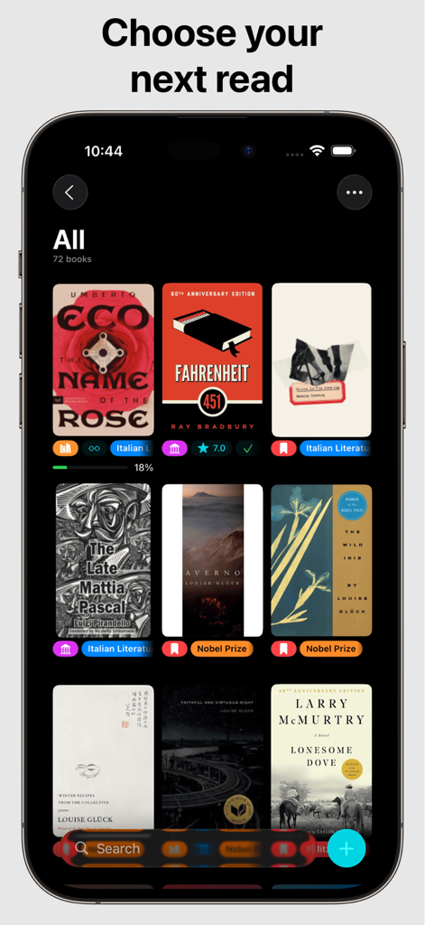 Book Tracker: Bookshelf log - The Book Tracker app interface showing a digital bookshelf with various book covers and reading progress.