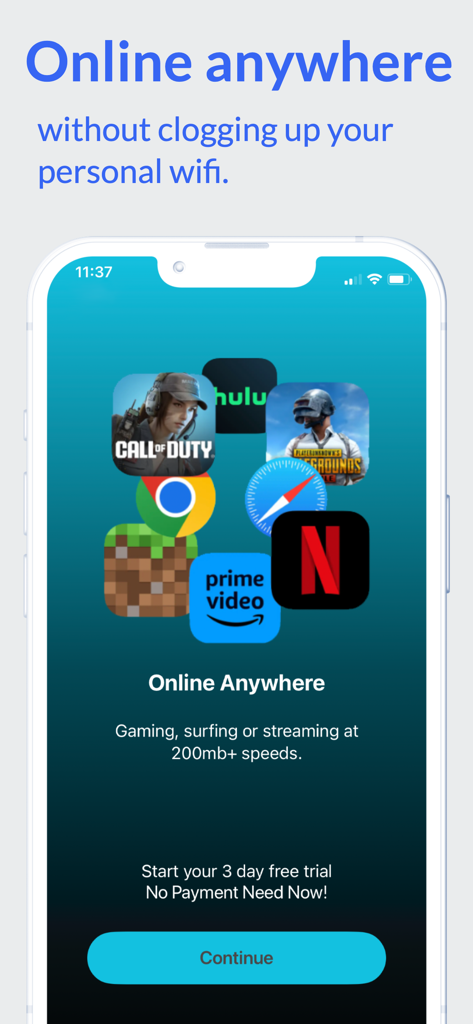 GamingVPN app interface on iPhone showing high speed connection for gaming and streaming services including Call of Duty and Netflix