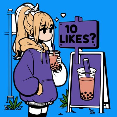 girl with oversized hoodie drinking boba and she has a high ponytail with a sign that says 10likes?