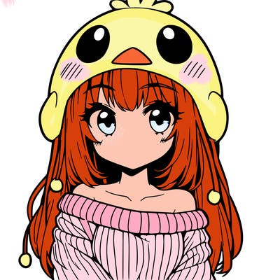 anime girl with chick shaped hat with sweater with bare shoulders with bangs covering them one eye with low tail