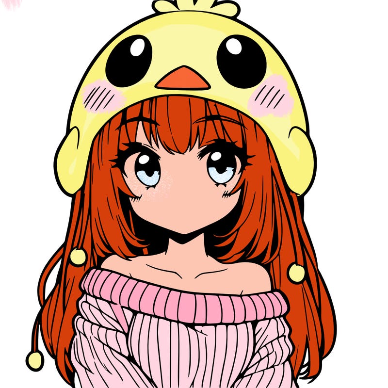 anime girl with chick shaped hat with sweater with bare shoulders with bangs covering them one eye with low tail