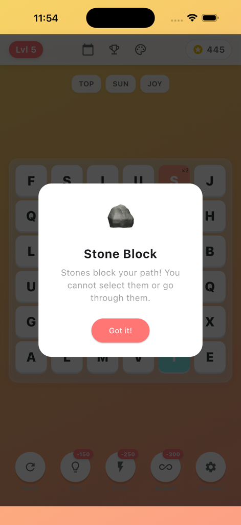 An instructional popup explaining the Stone Block obstacle in Word Search Link