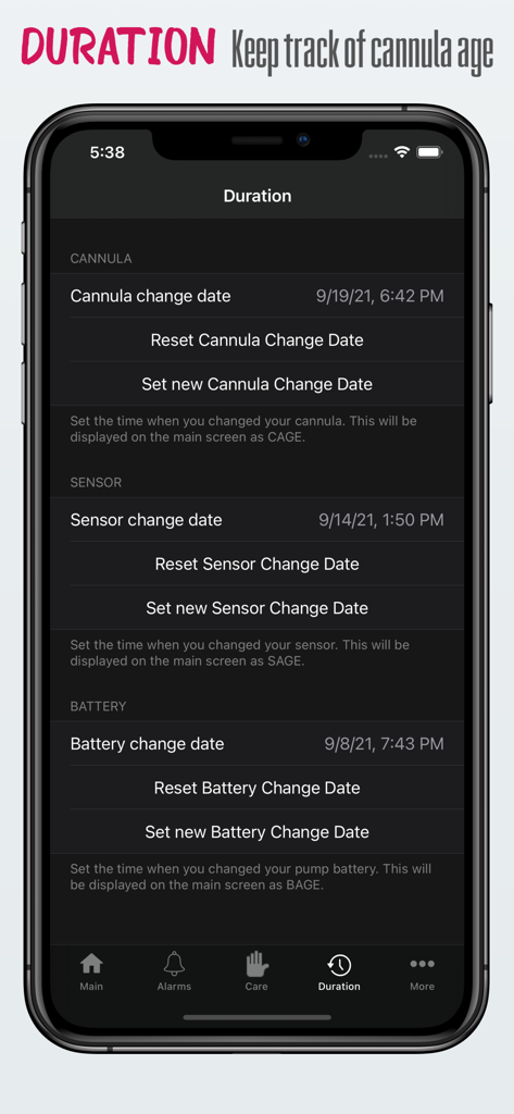 nightguard - The Duration screen in the Nightguard app for tracking cannula sensor and battery change dates